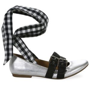 Metallic Sari Gingham Lace Up Leather Ballet Flats